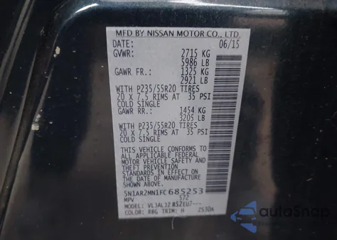 2015 Nissan Pathfinder Platinum from USA, damaged, VIN 5N1AR2MN1FC685253